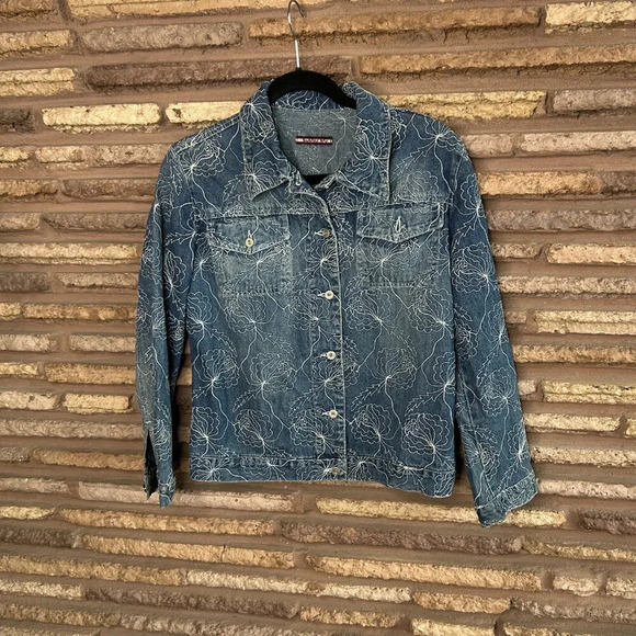 Byblos Blu Embroidered Cropped Denim Jean Jacket Size 8 - Picture 7 of 9